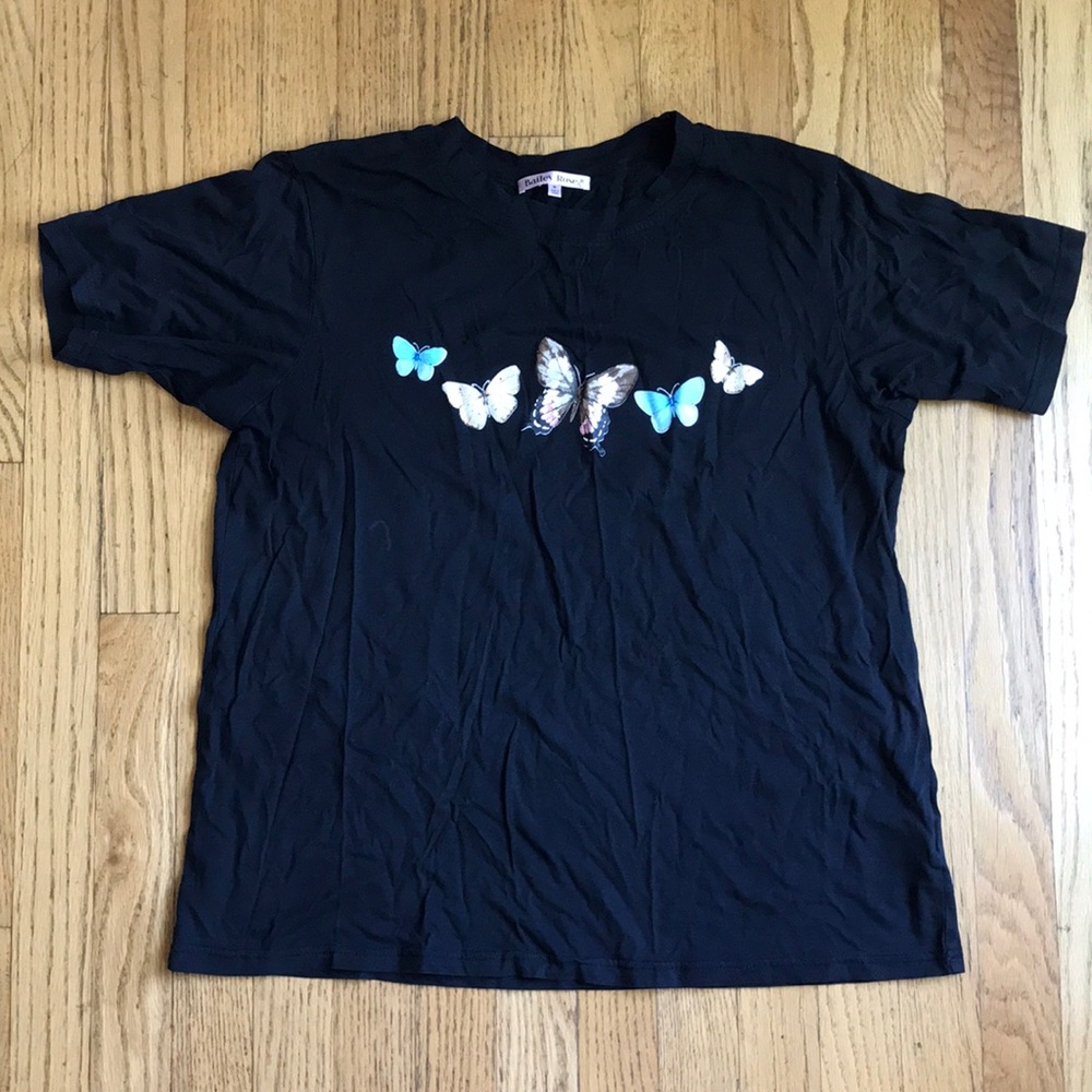 NWOT Black T-Shirt with Butterflies, Size M